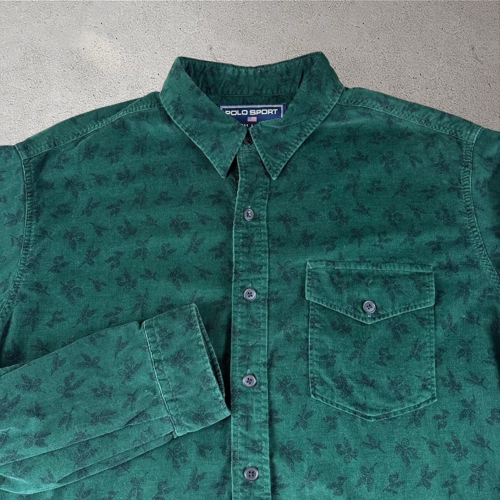 VTG Polo Sport Ralph Lauren Green Leaf Corduroy Button Shirt Fits Men's 2XL 90s